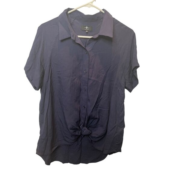 7 For All Mankind Button Down Tie Front Blouse Navy Blue Size L C32 - Picture 1 of 2